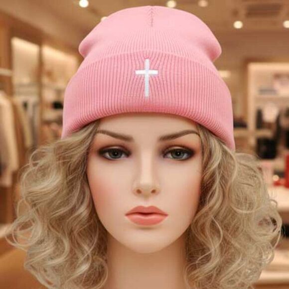 2/$30 Pink Cross Beanie Hat - Picture 2 of 6